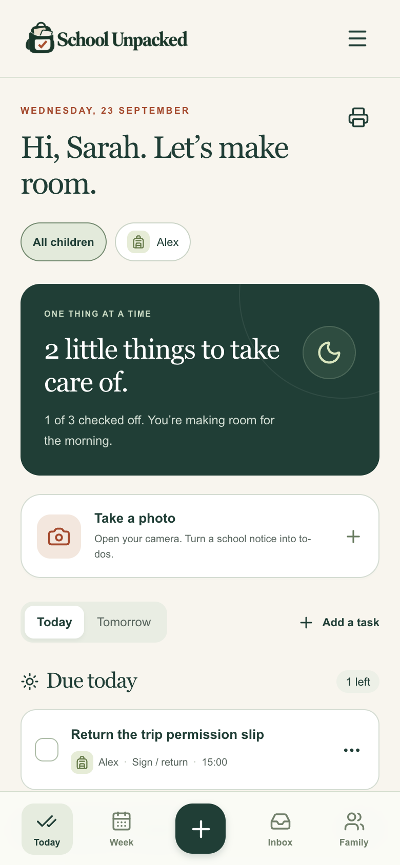 School Unpacked app showing a synthetic example of a family’s daily plan
